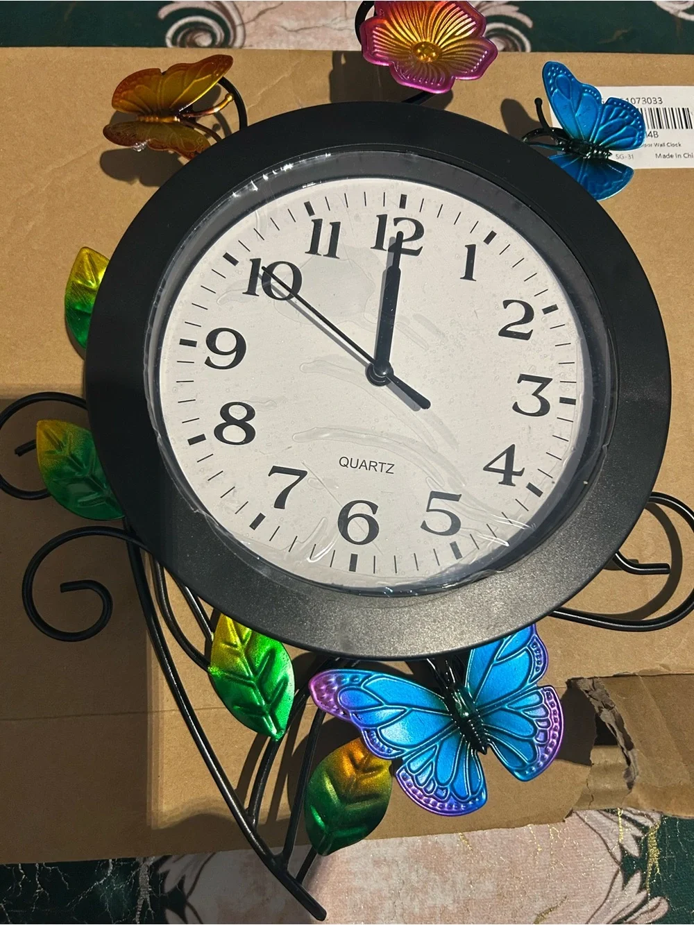 Metal butterfly outdoor wall clock Black Round with Multicolor Butterfly Accents
